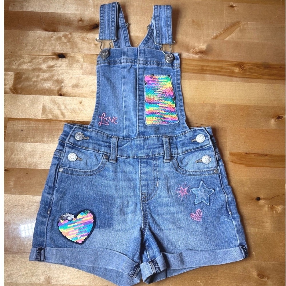 Jordache Denim Shortalls Kids Size XS 4-5 Blue Rainbow Sequin Heart Excellent